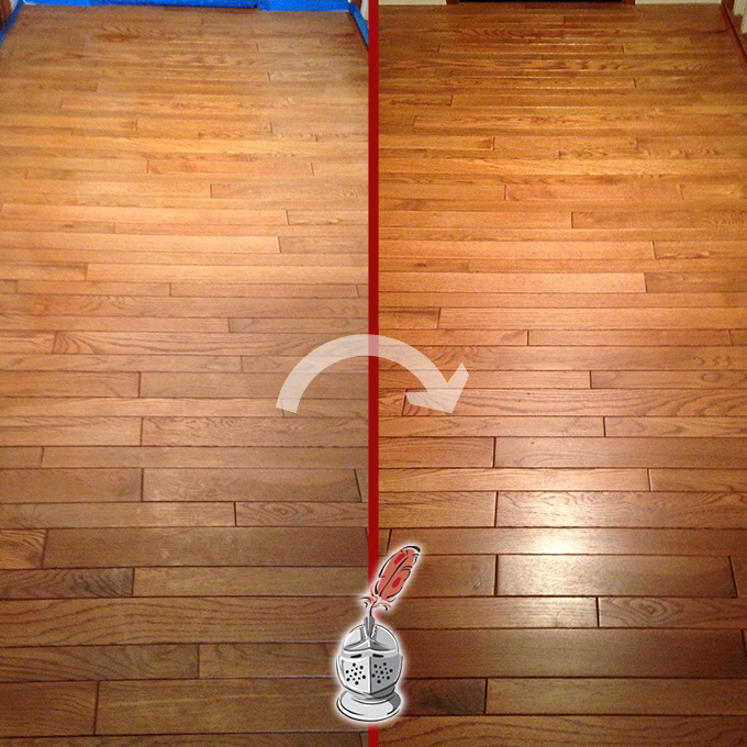 This hallway floor looks refreshed after our wood restoration services